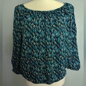 Michael Kors Blue Floral Long Sleeve Peasant Style Blouse Top